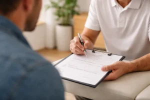 Chiropractor reviewing paperwork and discussing treatment options with a patient in a Missoula clinic