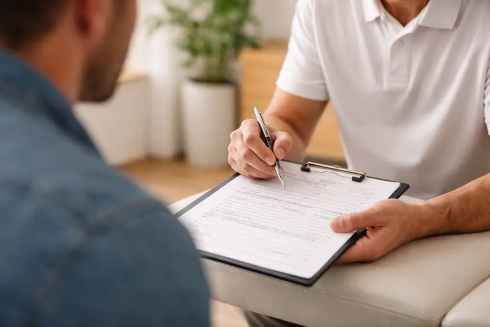 Chiropractor reviewing paperwork and discussing treatment options with a patient in a Missoula clinic