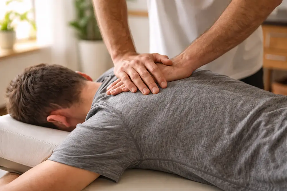 Close-up of a chiropractor performing a spinal adjustment in a Missoula clinic